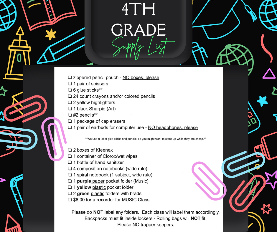 Black background with neon school supplies. List of school supplies. 