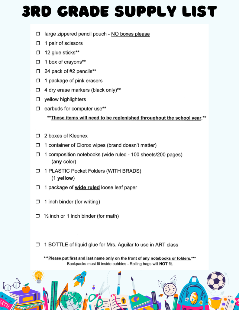 Blue background with list of school supplies