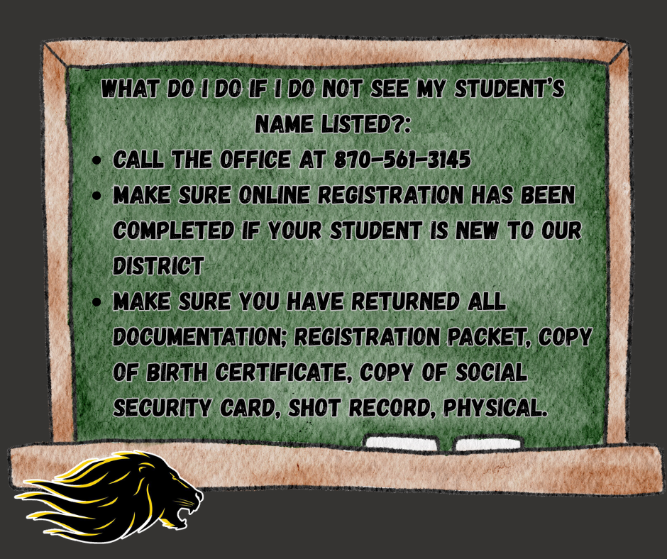 Black background with green chalkboard with black lettering, lion head on bottom left corner. 