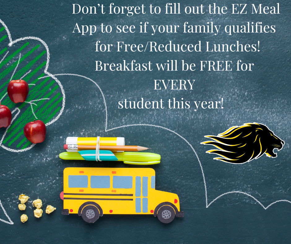 Chalkboard background with school bus, apple tree, pens, and lions head. 