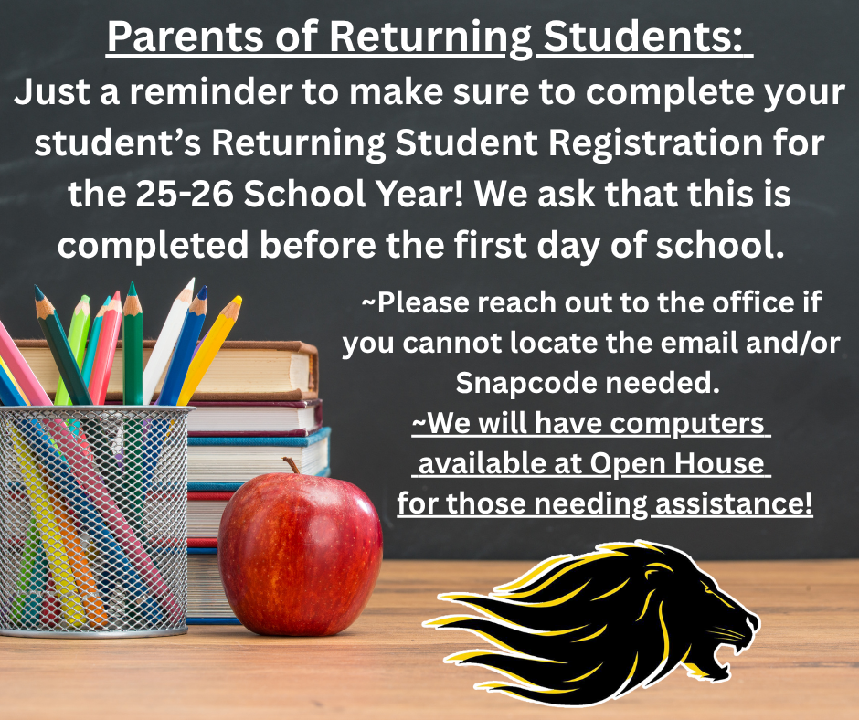 Student table with books, apple, and colored pencils. Lion head at bottom. 