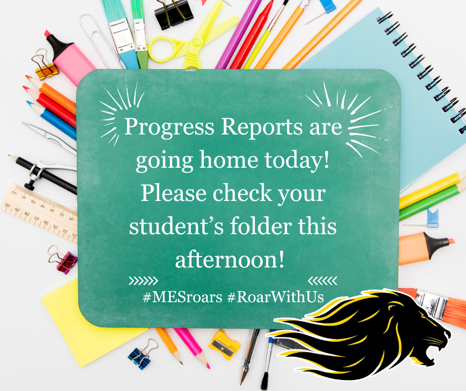 School supply background with chalkboard center. Lion head on bottom right corner. Announcement about progress reports. 