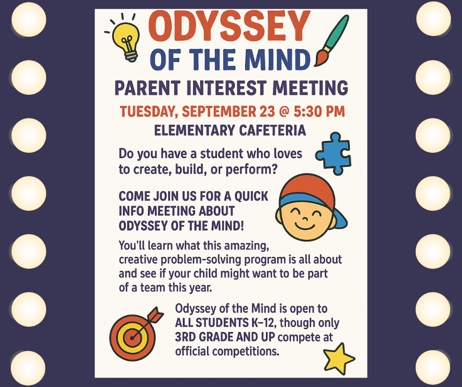 Blue background with lights on both sides. Flyer about group with info on meeting. 