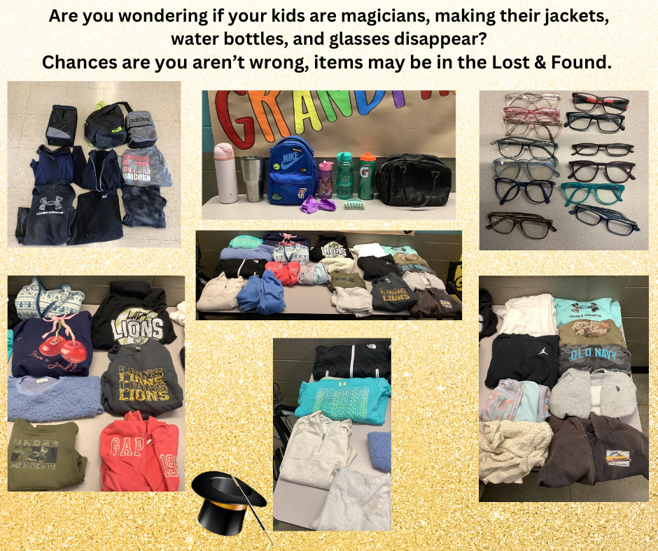 Gold background with various pictures of lost and found items. 