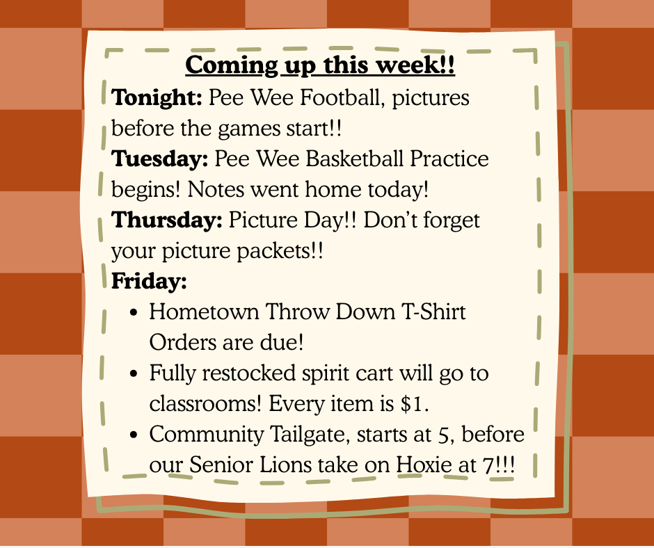 Checkered background with tan text box explaining the activities for the week. 
