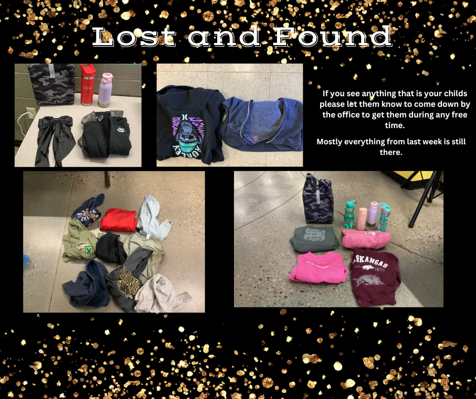 Black and gold background with lost and found items.