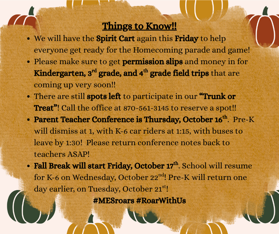 Fall themed pumpkin background with tan text box explaining upcoming events.