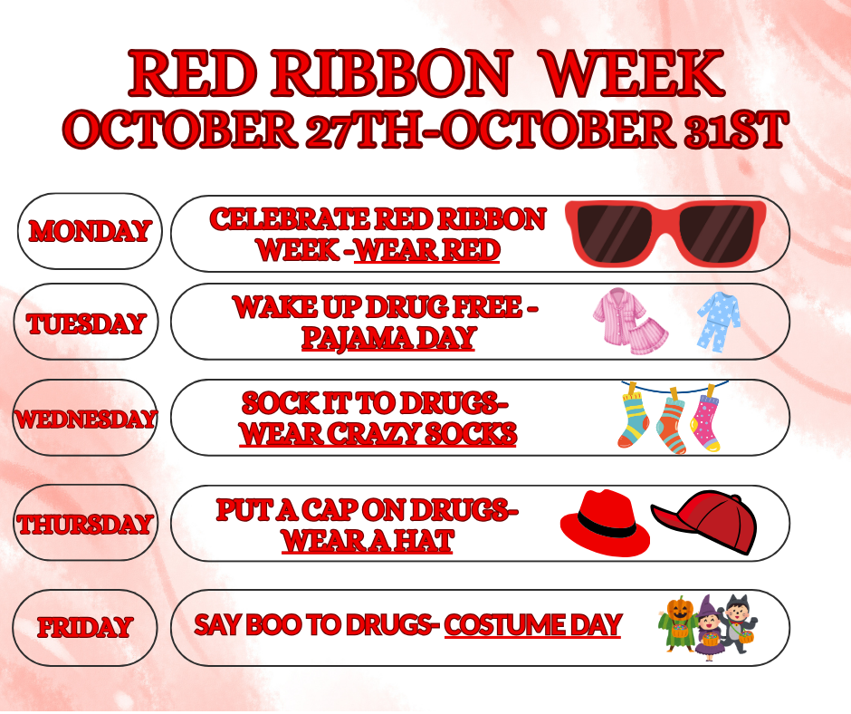 Red swirl background with sunglasses, pjs, crazy socks, red hats, and kids in Halloween Costumes. List of dress up days with explanations.