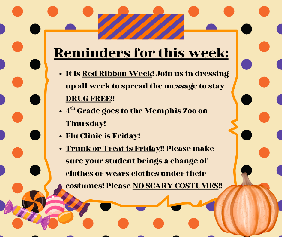Halloween colored polka-dot background with candy and pumpkin with text box explaining weekly events.