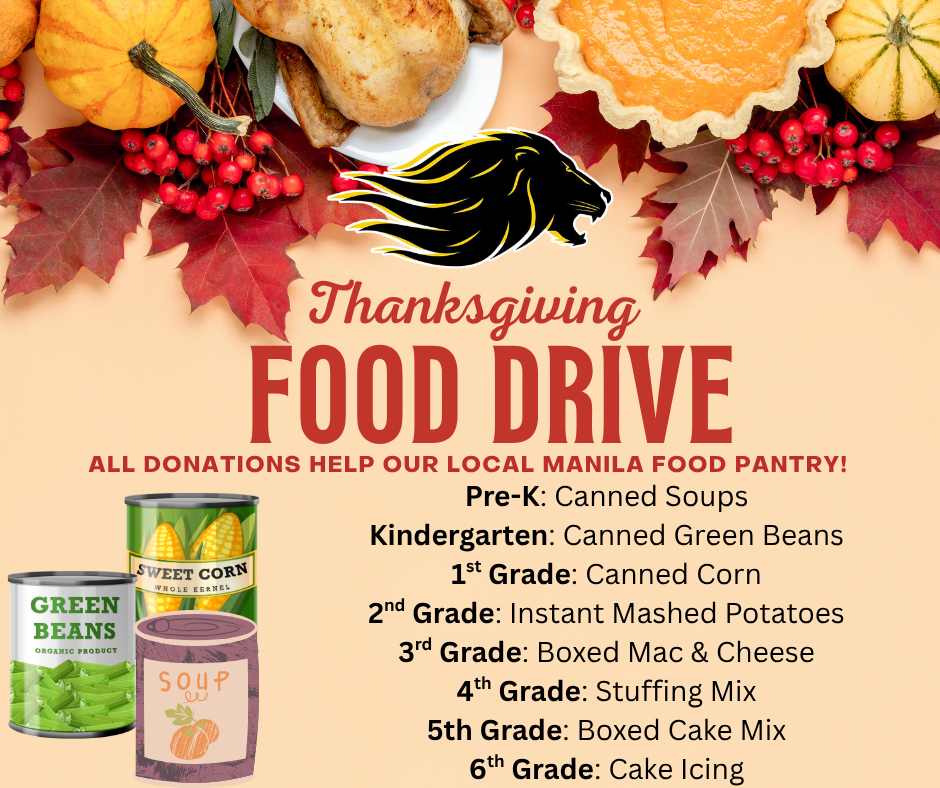 Tan background with pumpkin pie, pumpkins, and fall leaves on top. Text explaining food drive for Thanksgiving.