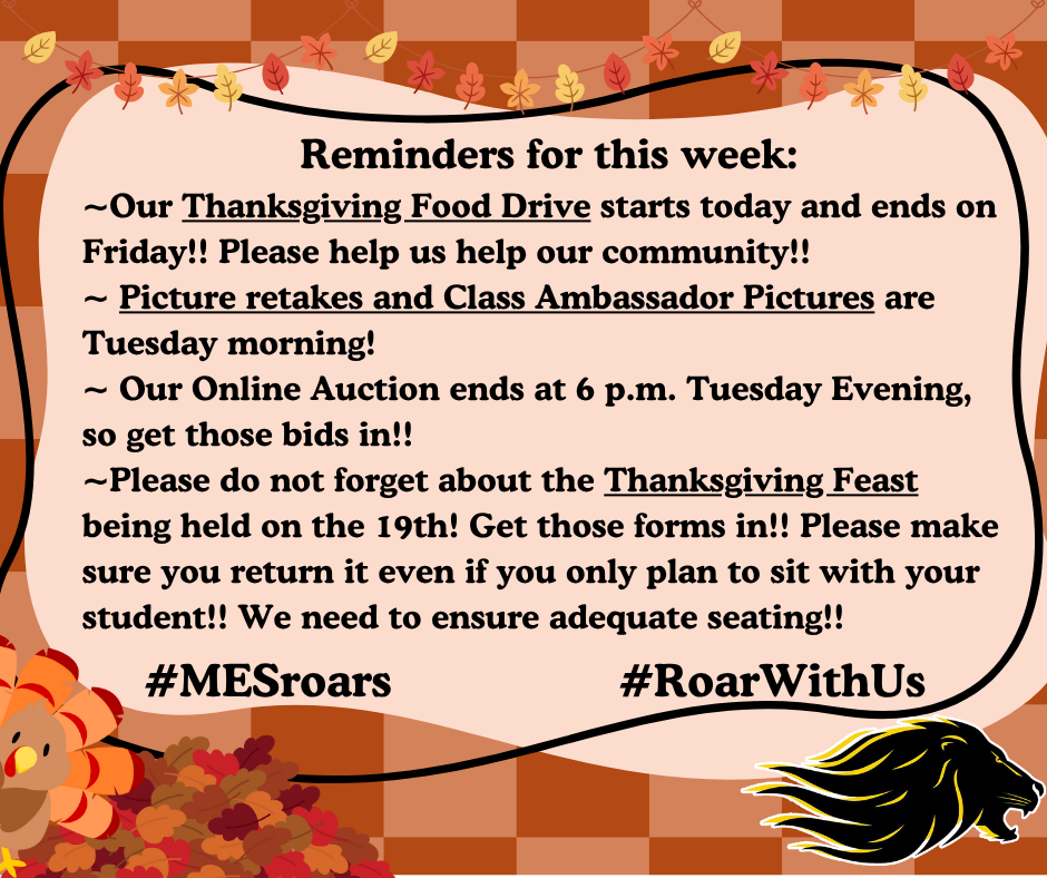 Plaid background with turkey, pile of leaves, lion head and leaf banner. Text box explaining the events for the week.