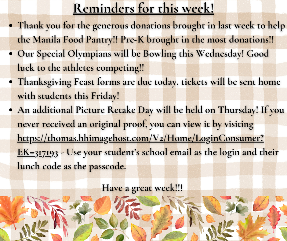 Tan Checkered background with fall leaf bottom border with black lettering stating the week's events