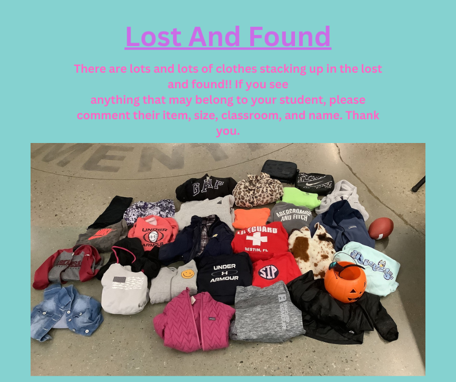 Aqua background with photo of items left in lost and found.
