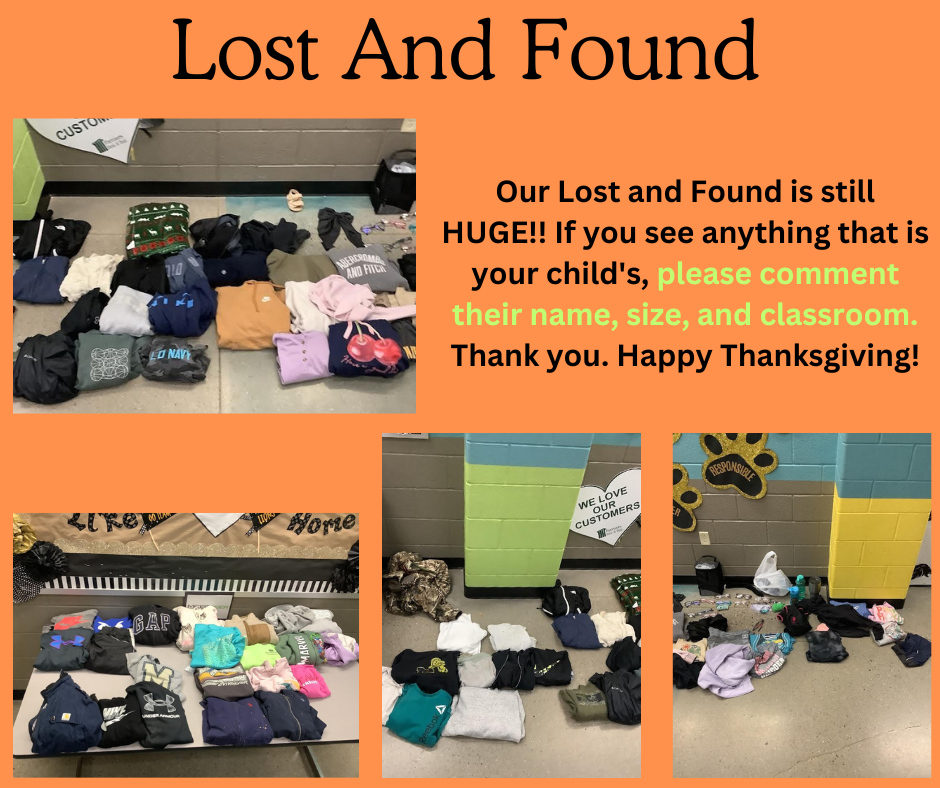 Orange background with pictures from the lost and found. 