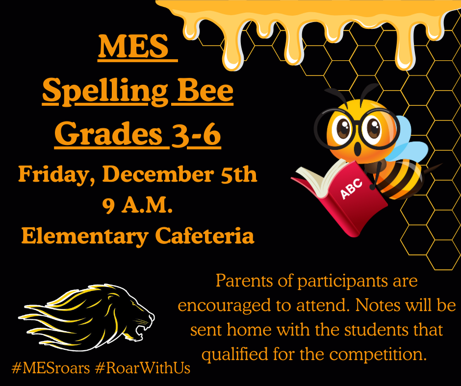 Black background with honeycomb, honey, little bee with glasses and book. Lion head in corner. Depicting information about spelling bee. 