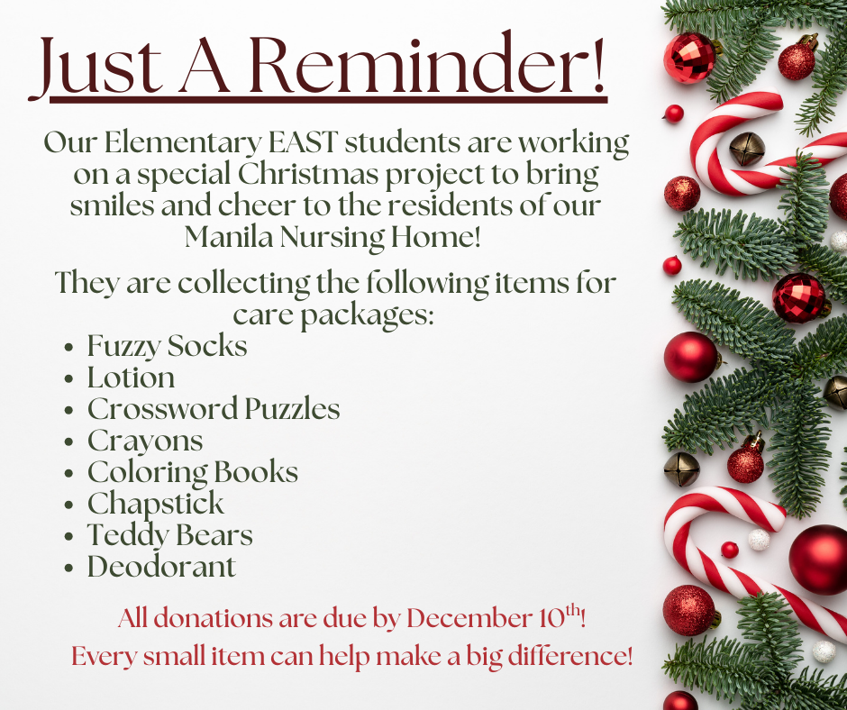 White background with candy canes, red Christmas ornaments, and fir tree leaves as right border. Text information describing care package information. 