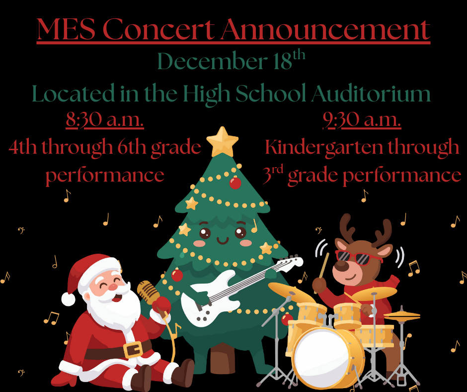 Christmas Tree, reindeer, and Santa all playing instruments. Text explaining concert date and time.