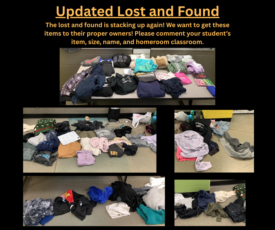 Black background with photos of clothing items in the lost and found. 