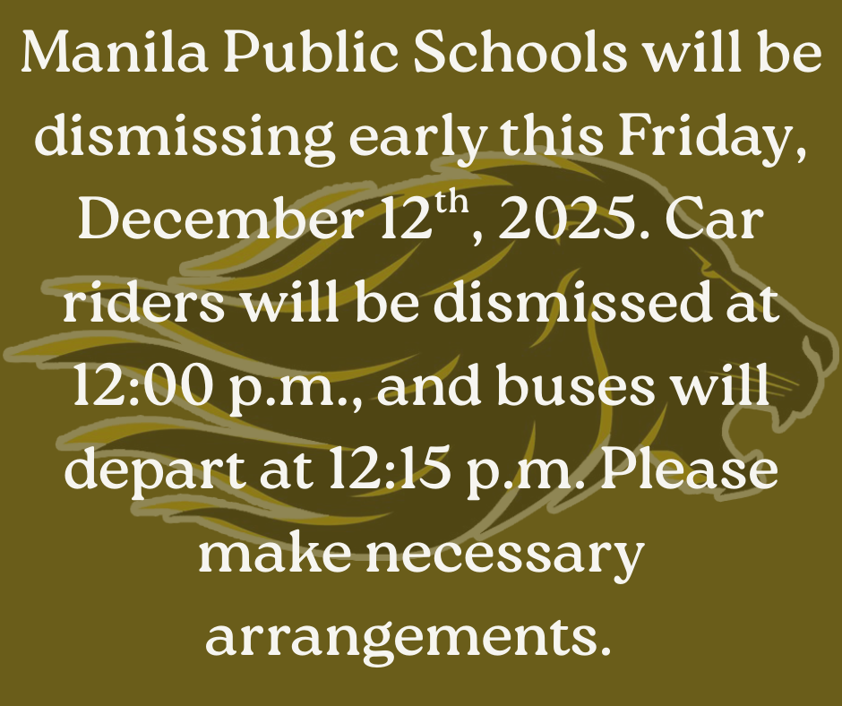 Gold background with lion head in the background. White text explaining early dismissal. 