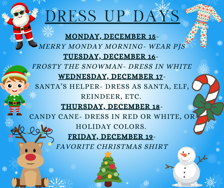 Blue, snowflake covered background, with various Christmas items; Santa, elf, reindeer, snowman, tree, pajamas, and candy cane. 