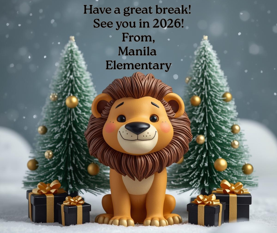 Snowy background with 2 small Christmas trees with gold ornaments. Black and gold presents with animated lion in the middle. 