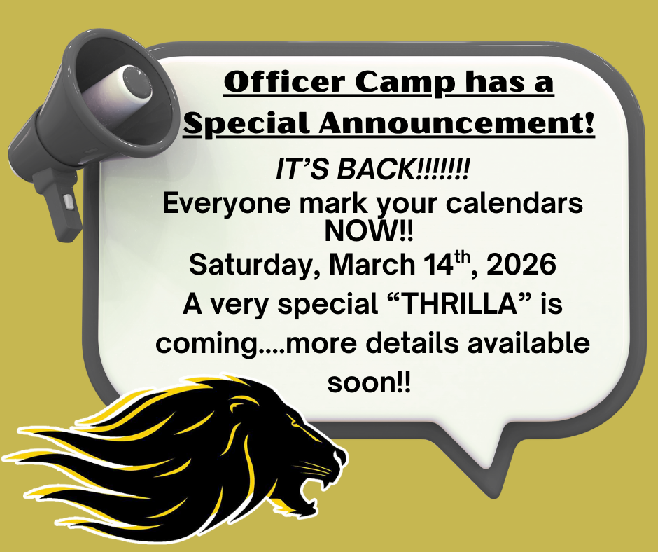 Gold background with black megaphone announcing a special event happening soon. Lion head in lower left corner.