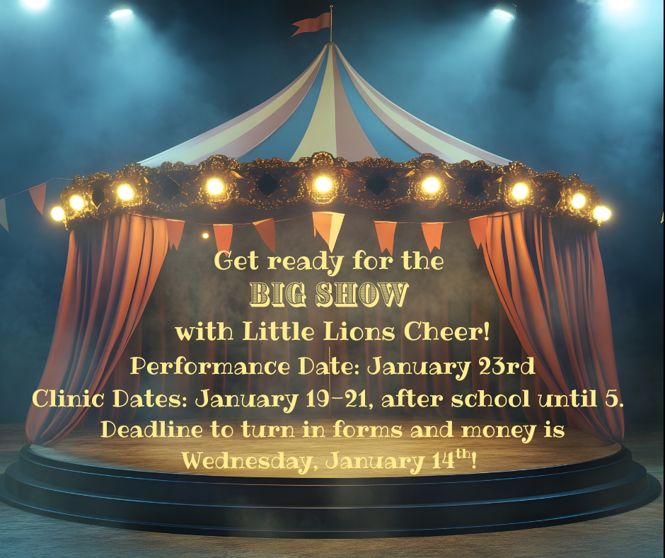 Circus tent on a basketball court with text explaining little cheer camp.