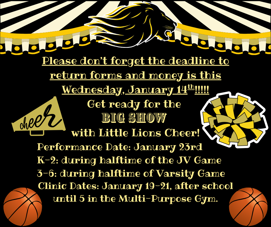 Black background, black and gold circus top with lion head in center. Basketball, pompoms, and cheer megaphone surrounding cheer camp information.