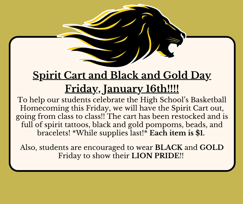 Gold background with lion head at top center. Text box explaining spirit cart and homecoming.