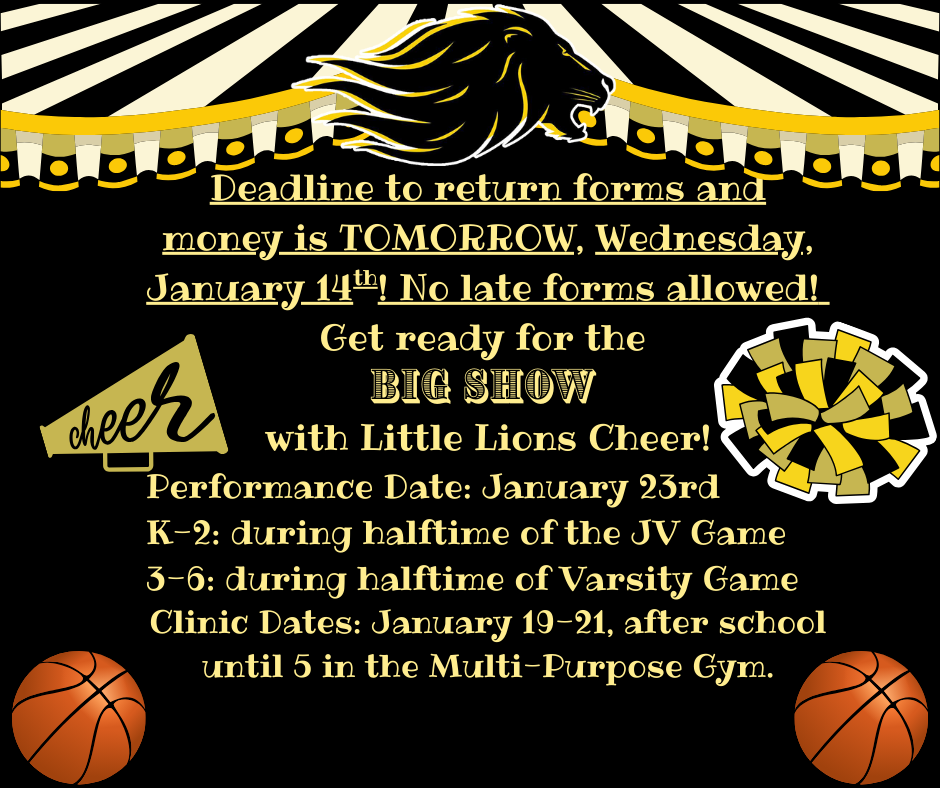 Black background with black and gold circus tent top with pompoms, cheer megaphone and basketballs. Text explaining cheer camp.