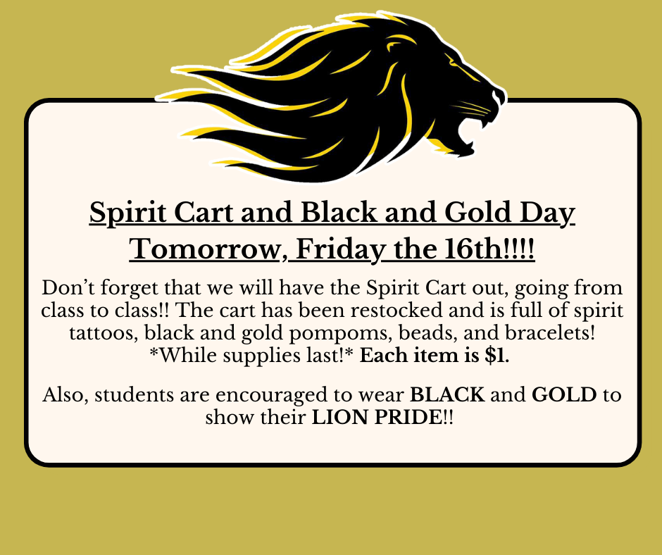 Gold Background with Black and Gold Lion at top. Text box with information about spirit cart.