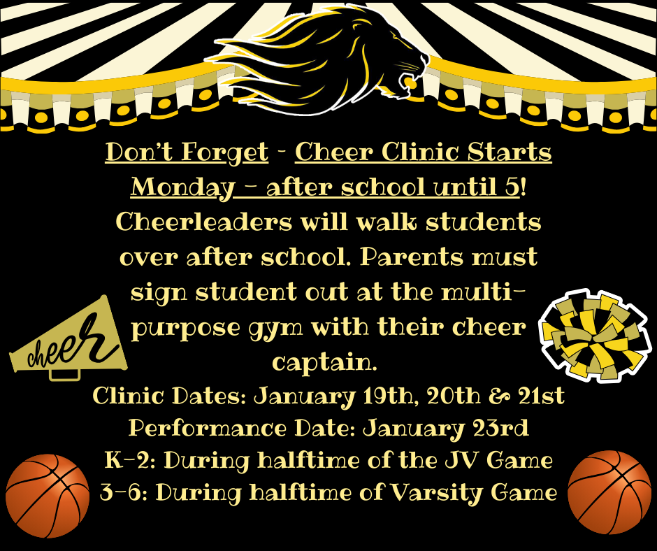 Circus tent topper with basketballs, cheer megaphone, and pompoms. Text explaining dates and location for cheer camp.