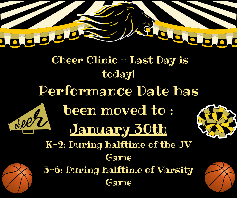Circus tent topper with basketballs, cheer megaphone, and pompoms. Text explaining dates and location for cheer camp.
