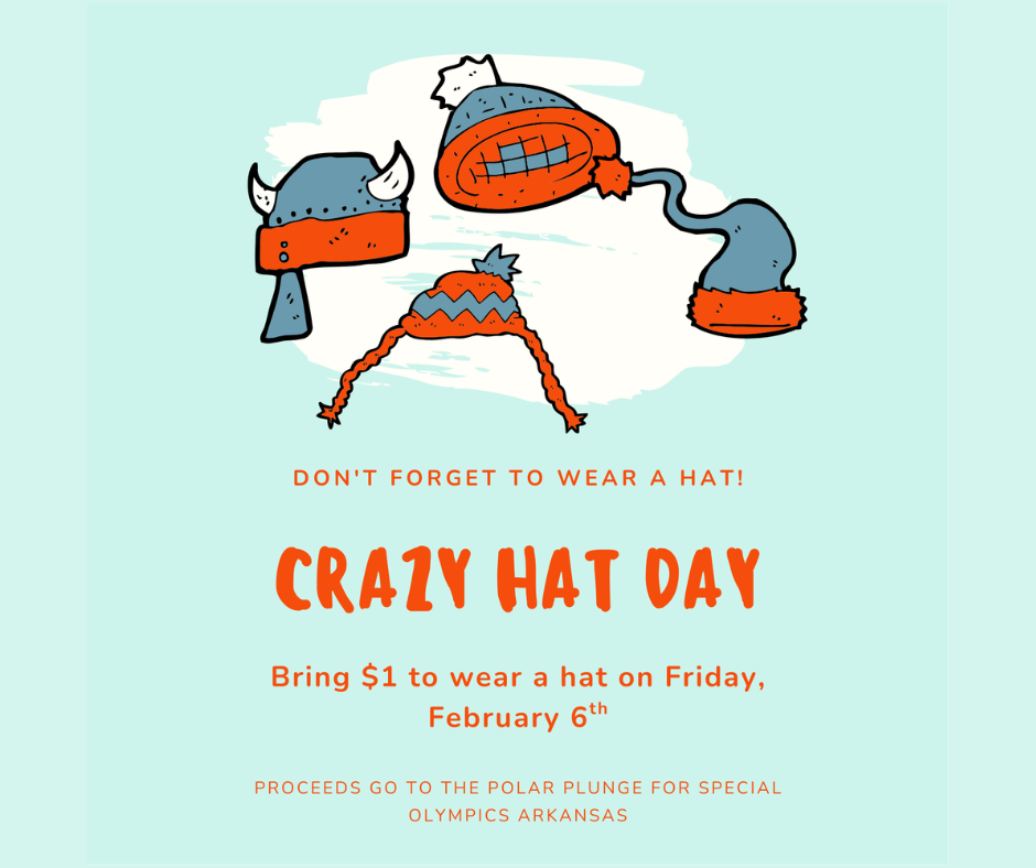 Blue background with various hats and orange lettering explaining hat day.