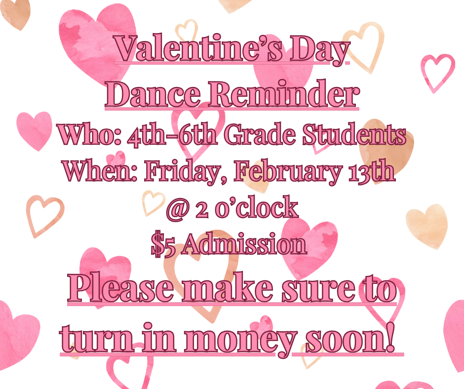 Pink and tan hearts in background. Pink text explaining valentine's dance information.