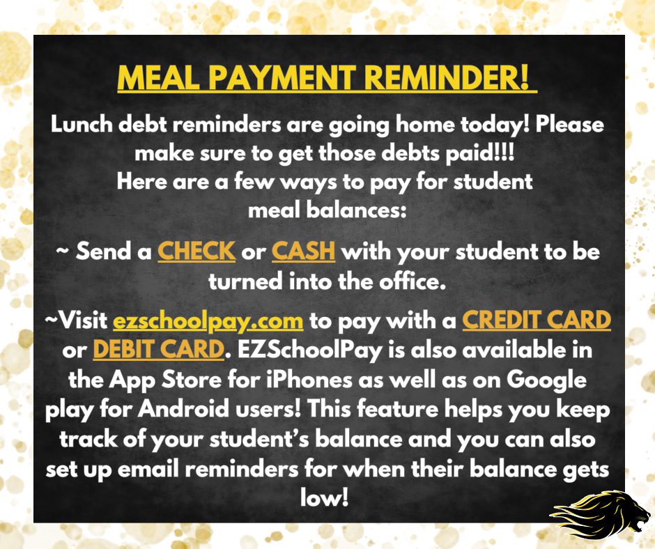 Spotted golden background with chalkboard text box with text explaining meal debt needing to be paid.