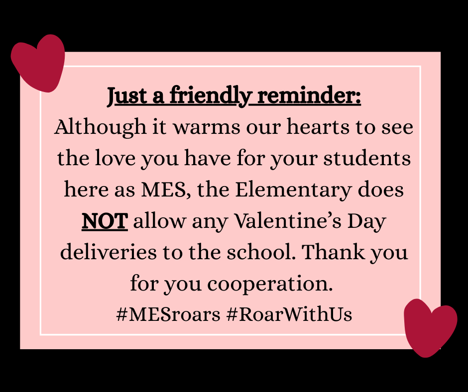 Black background with pink text box with red hearts. Text explaining that deliveries are not allowed.