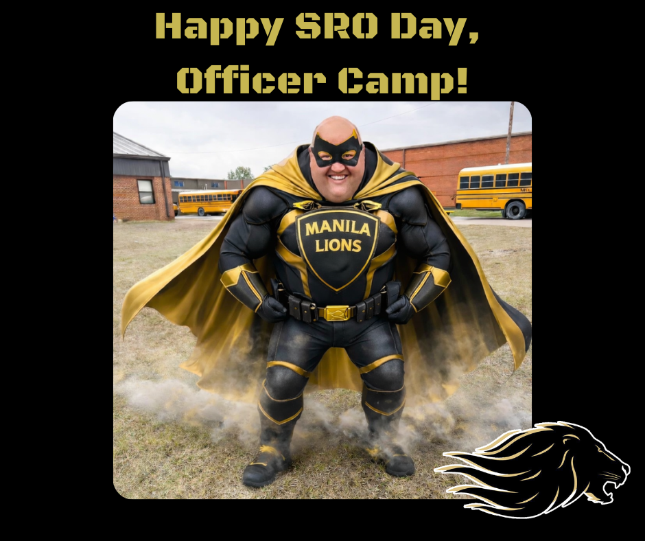 Black background with man in a black and gold superhero costume in front of buses and a school.