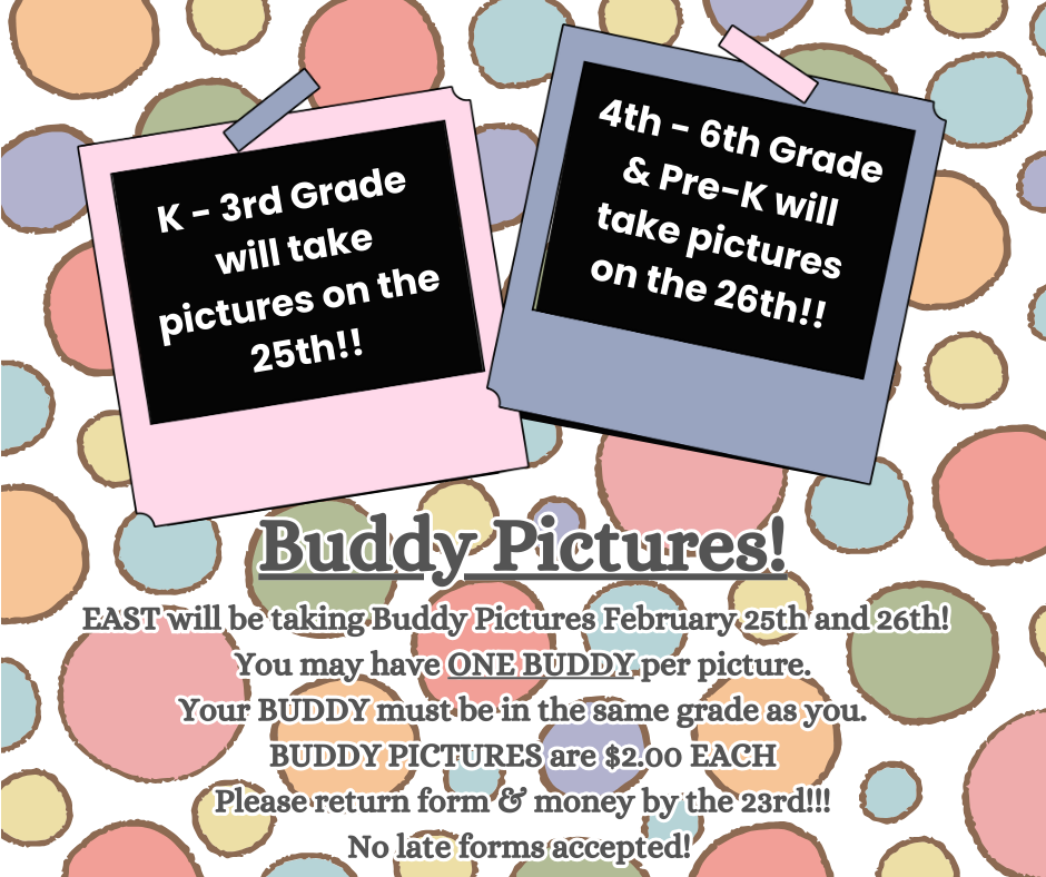 Multicolored bubble background, framed text box explaining buddy picture days.