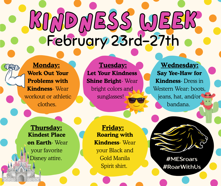 Multicolored polka dor background with 6 large multicolored circles. Strong arm, sun with sunglasses, cactus with bandana and cowboy hat, magical castle, and lion head as small images.