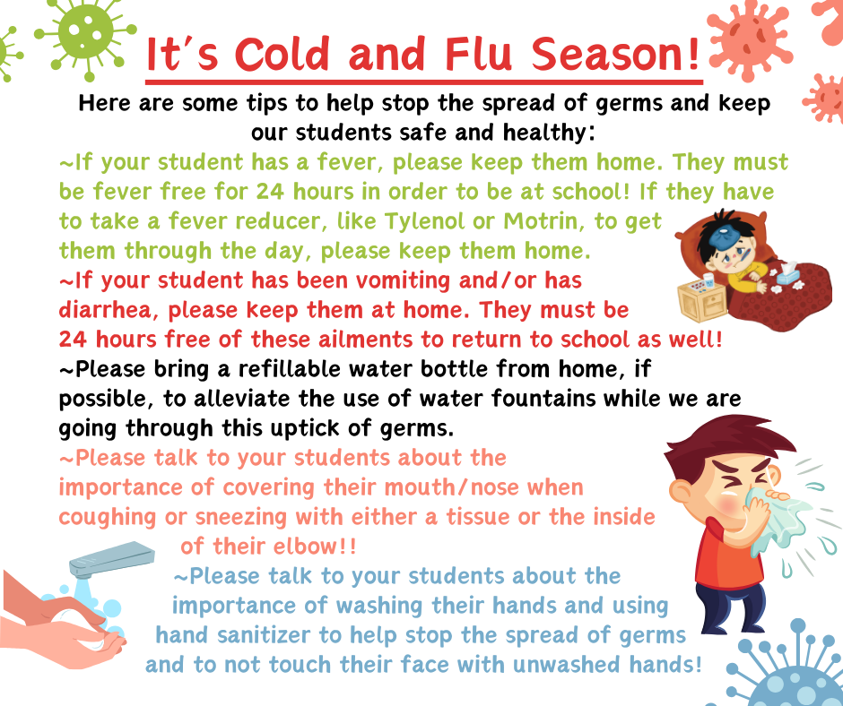 Image of sick child in bed, child blowing their nose, image of washing hands. Text explaining the importance of doing the right thing during cold and flu season.