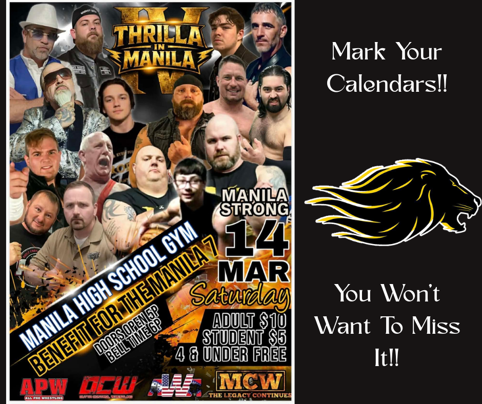 Black background with Wrestling poster filled with male wrestlers posing with details of a wrestling event listed. Lion head on right side.