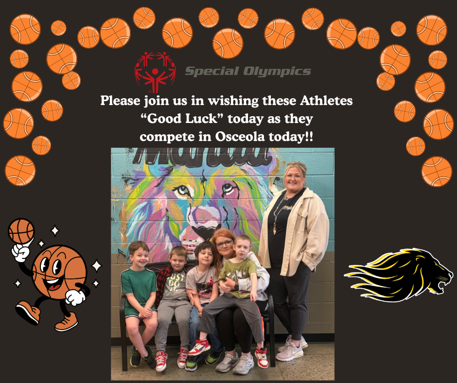 Black background with basketball border, picture of young students and 2 teachers, lion head, and animated basketball.