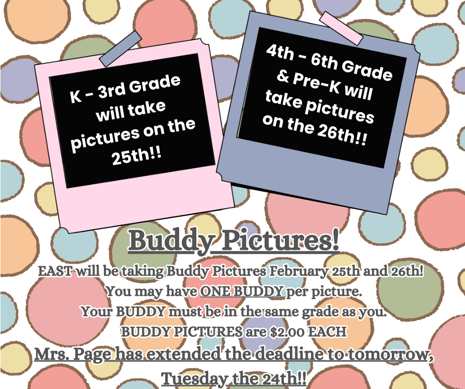 Large Polka dot background with picture frames with information about buddy pictures. 