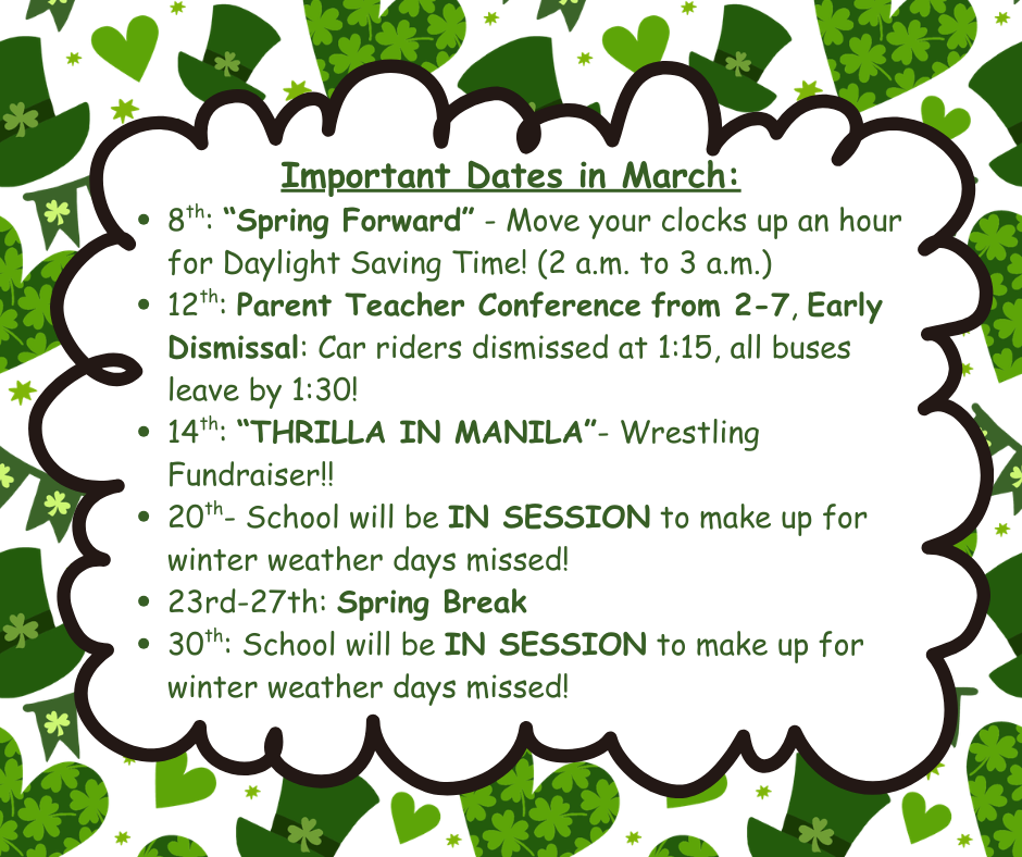 Green 4 leaf clovers and leprechaun hat background. Squiggly text bubble with important dates in March. 