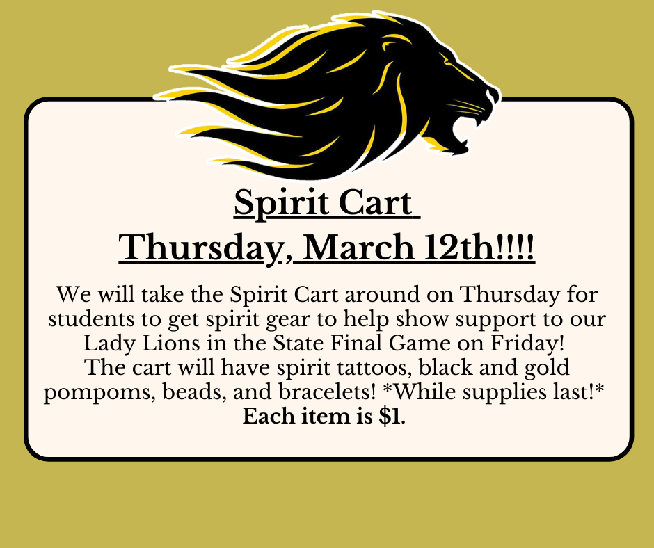 Gold background, large lion head at top, text explaining spirit cart information. 