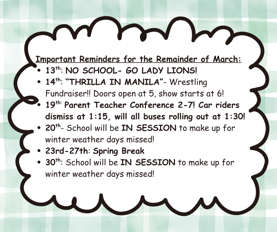 Green checkered background with squiggly text box with text explaining important dates for the month of March.  