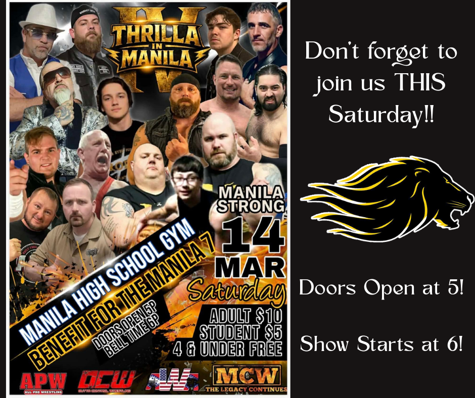 Black background with image of multiple posed wrestlers promoting a wrestling event. Lion head on right side with white text above and below with event information. 