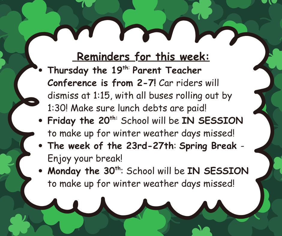 Multicolored green shamrock background with squiggly text box. Text explaining the activities of the week. 