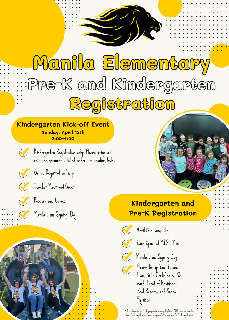 Light yellow background with yellow polka dots and text bubbles with black decorative dots throughout. Picture of teachers on slide and picture of students  posed together in a classroom. Lion head mascot at the top of flyer. Black text explaining Kindergarten and Pre-K registration process and needed documentation. 